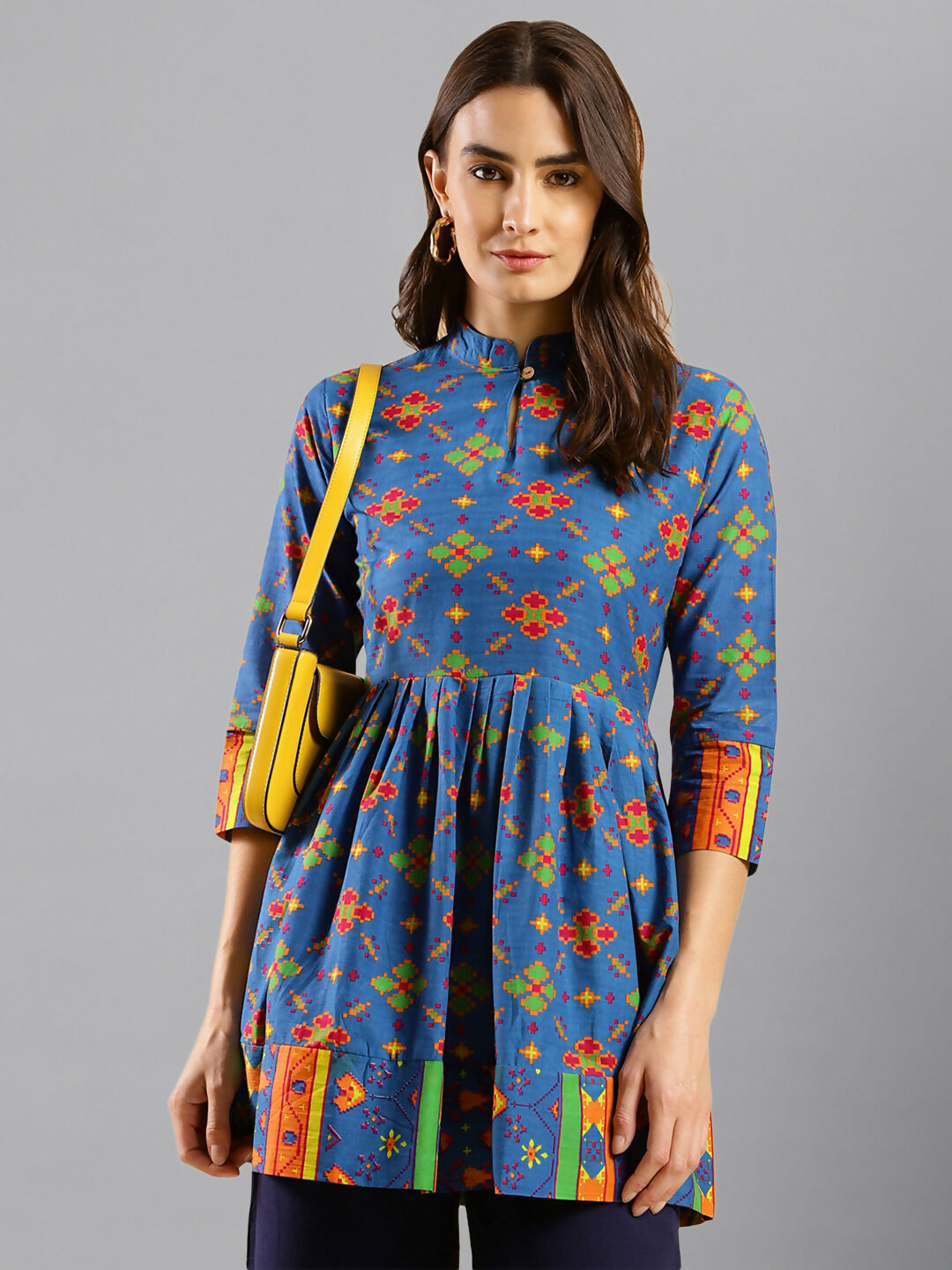 Women Blue & Green Pure Cotton Abstract Print Aline Top - Bosky | Grocsy