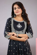 Juniper Women Indigo Rayon Printed A-Line Kurta | Grocsy