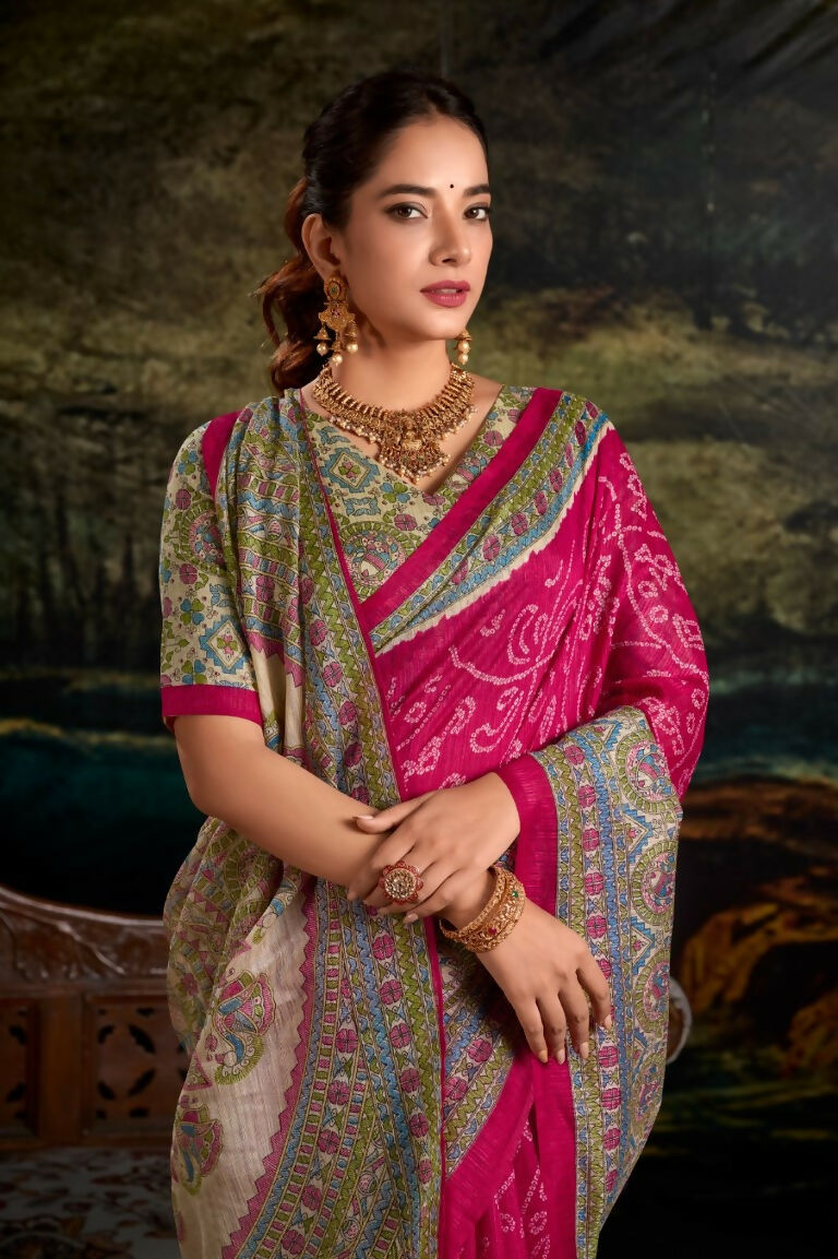 Vastranavya Pink Silk Madhubani & Bandhej Fusion Print Saree with Unstitched Blouse | Grocsy