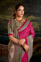 Vastranavya Pink Silk Madhubani & Bandhej Fusion Print Saree with Unstitched Blouse | Grocsy