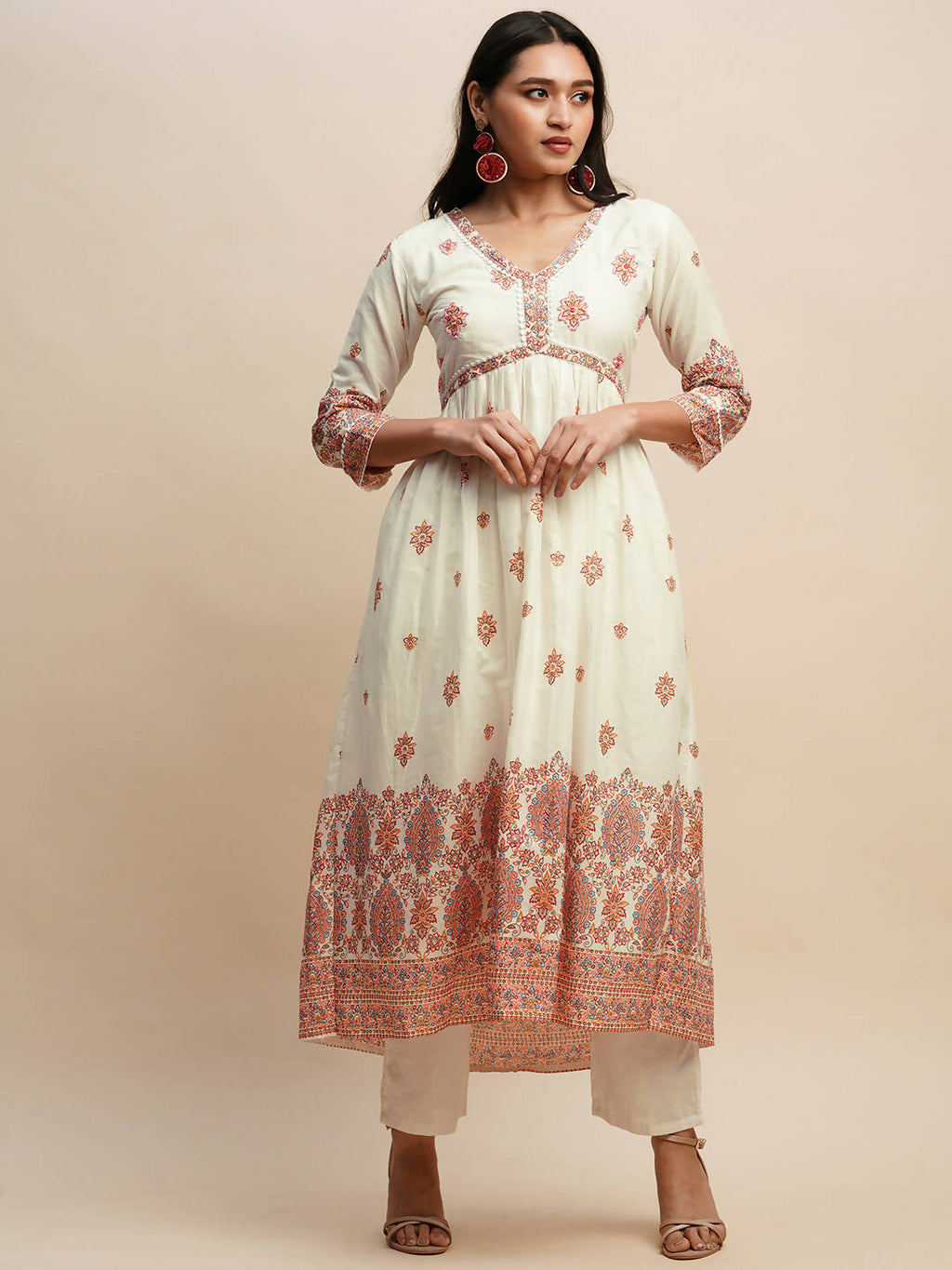 White And Peach Pure Cotton Floral Printed Anarkali Kurta And Bottom With Dupatta - Akashara | Grocsy