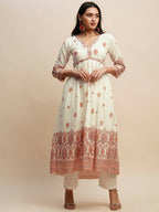 White And Peach Pure Cotton Floral Printed Anarkali Kurta And Bottom With Dupatta - Akashara | Grocsy