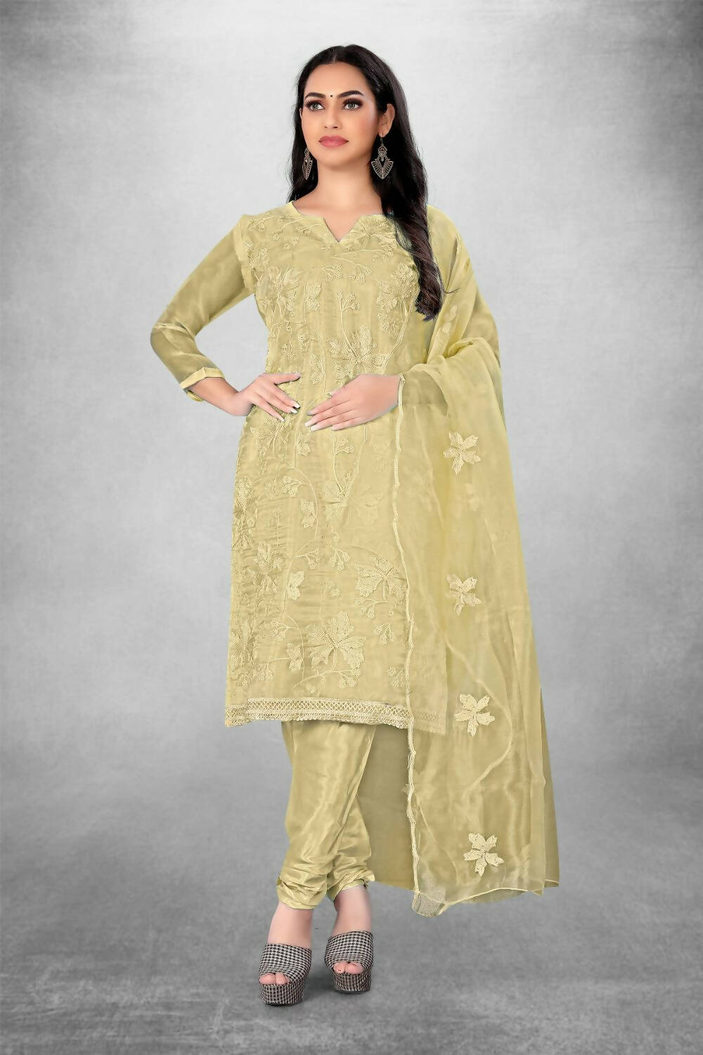 Beige Heavy Organza Silk Embroidered Unstitched Dress Material - Amara | Grocsy