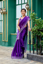 Vastranavya Purple-Blue Embroidery Work Shimmer Chiffon Saree with Unstitched Blouse | Grocsy
