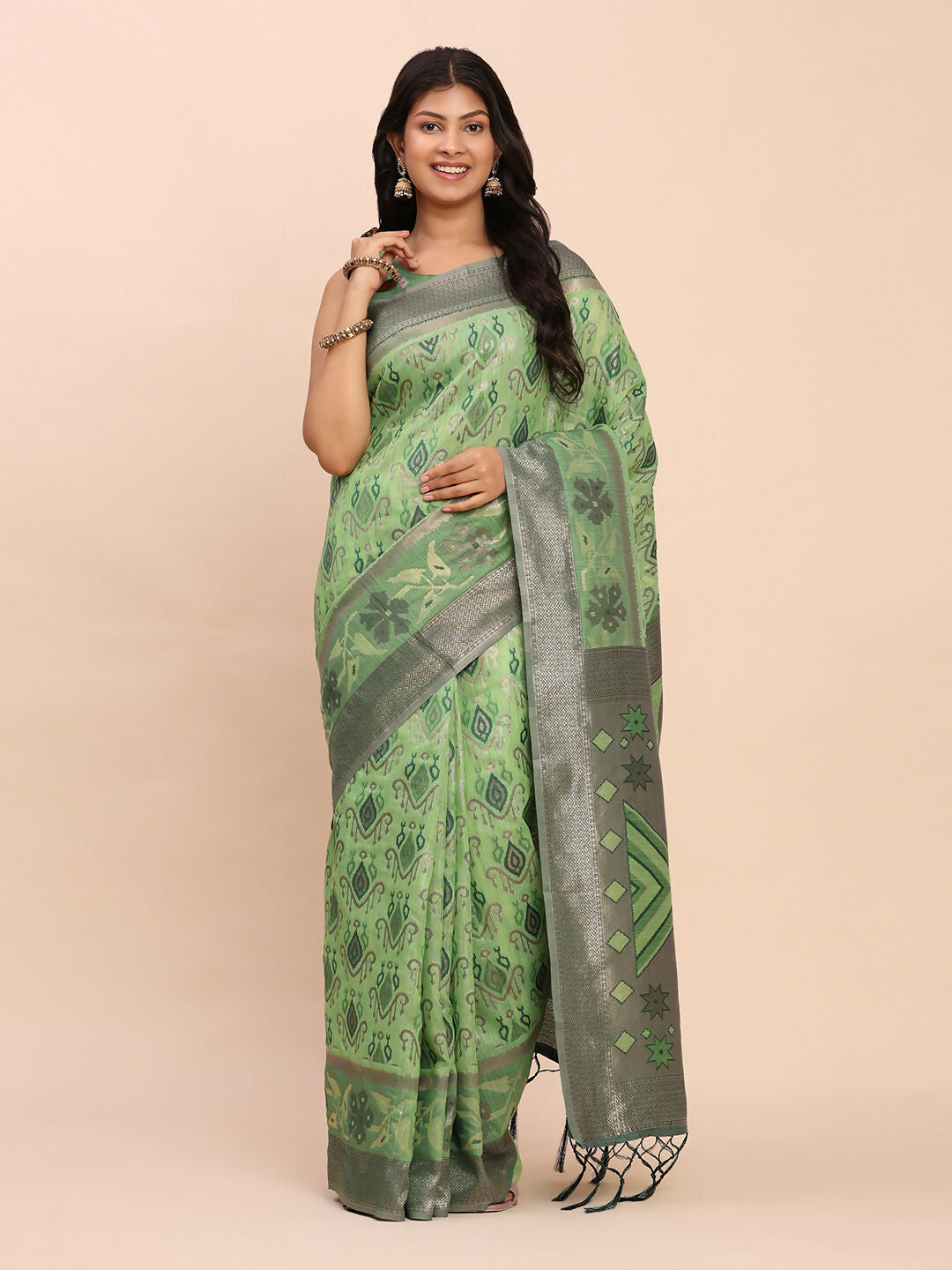 Shree Shyam Fashion Linen Cotton Green Saree | Grocsy