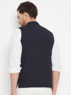 Even Apparels Navy Merino Men's Nehru Jacket-Contrast Lining-Inbuilt Pocket Square | Grocsy
