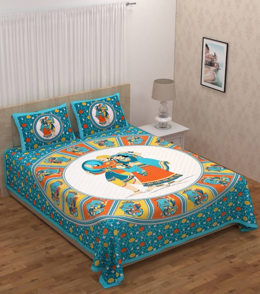 Vamika Printed Cotton Green Dafli Firozi Bedsheet With Pillow Covers (PM Dafli Firozi) | Grocsy