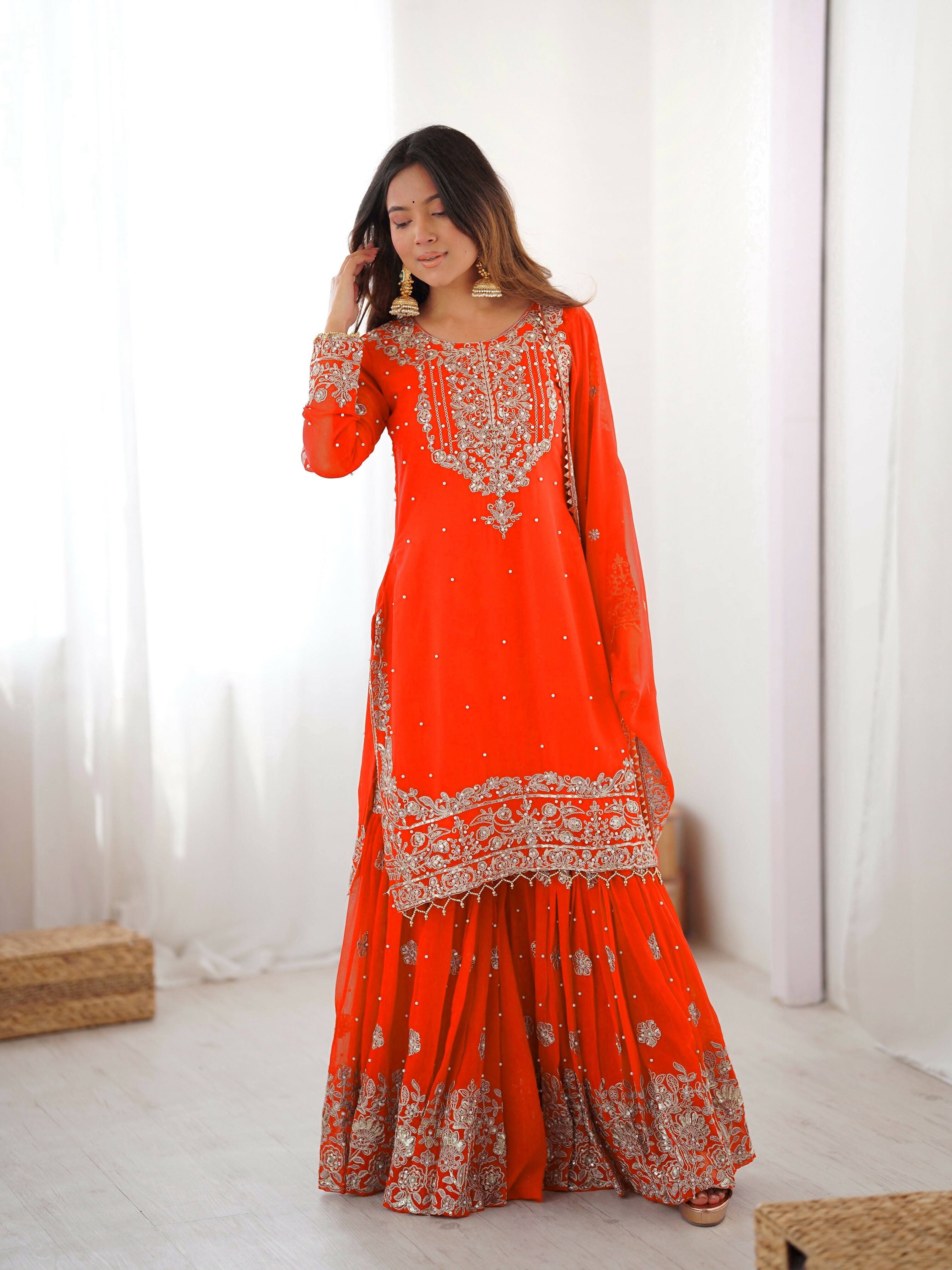 Lehenga Mart Designer Sharara Suit With Kurta, Sharara, Dupatta For Women-Orange | Grocsy