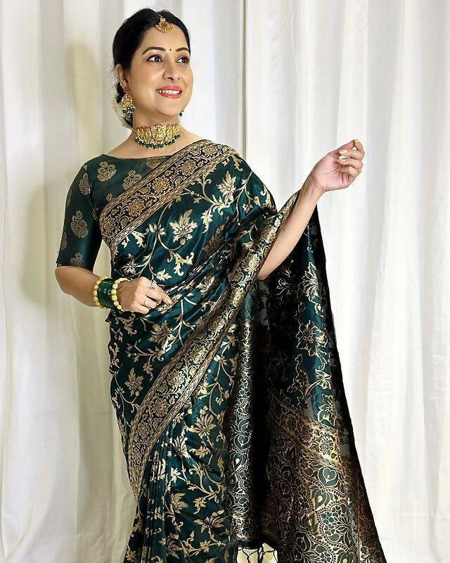 DEIANA'S Beautiful Designer Golden zari Soft Lichi Silk Saree - Teal | Grocsy