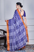 Morchari Sky Blue Cotton Handloom Mirror Work Saree Unstitched Blouse | Grocsy