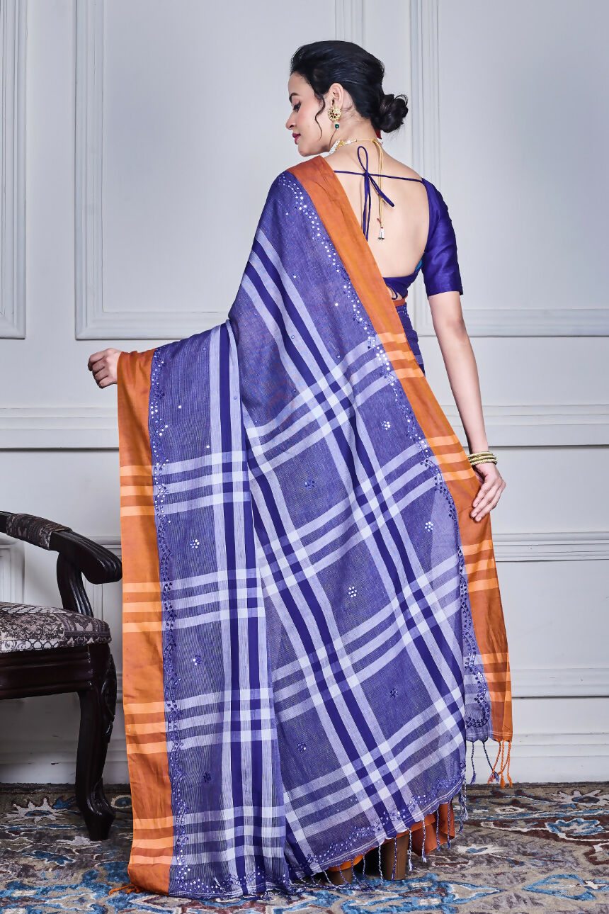 Morchari Sky Blue Cotton Handloom Mirror Work Saree Unstitched Blouse | Grocsy