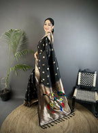 Joban Fashion Black Peacock & Floral Motifs Soft Silk Kanchipuram Saree | Grocsy