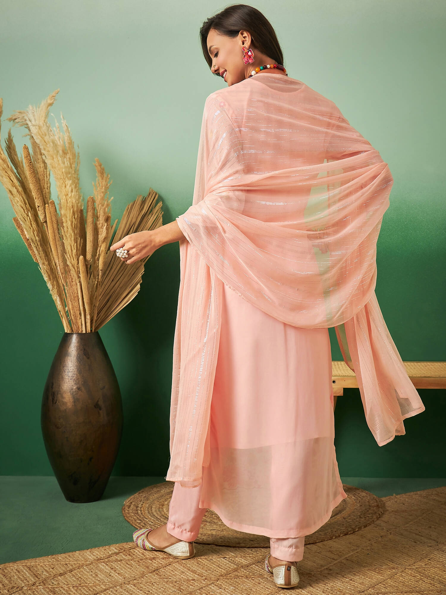 Peach Georgette Handwork Unstitched Dress Material - Hanika | Grocsy