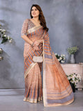 PR Fashion Brown Handloom Linen Cotton Saree | Grocsy
