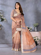 PR Fashion Brown Handloom Linen Cotton Saree | Grocsy