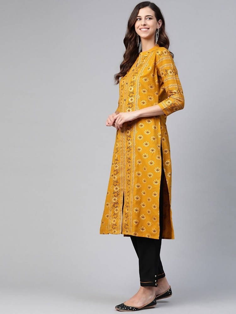 Yufta Women Mustard Yellow & Black Ethnic Motifs Printed Pure Cotton Kurta with Trouser | Grocsy