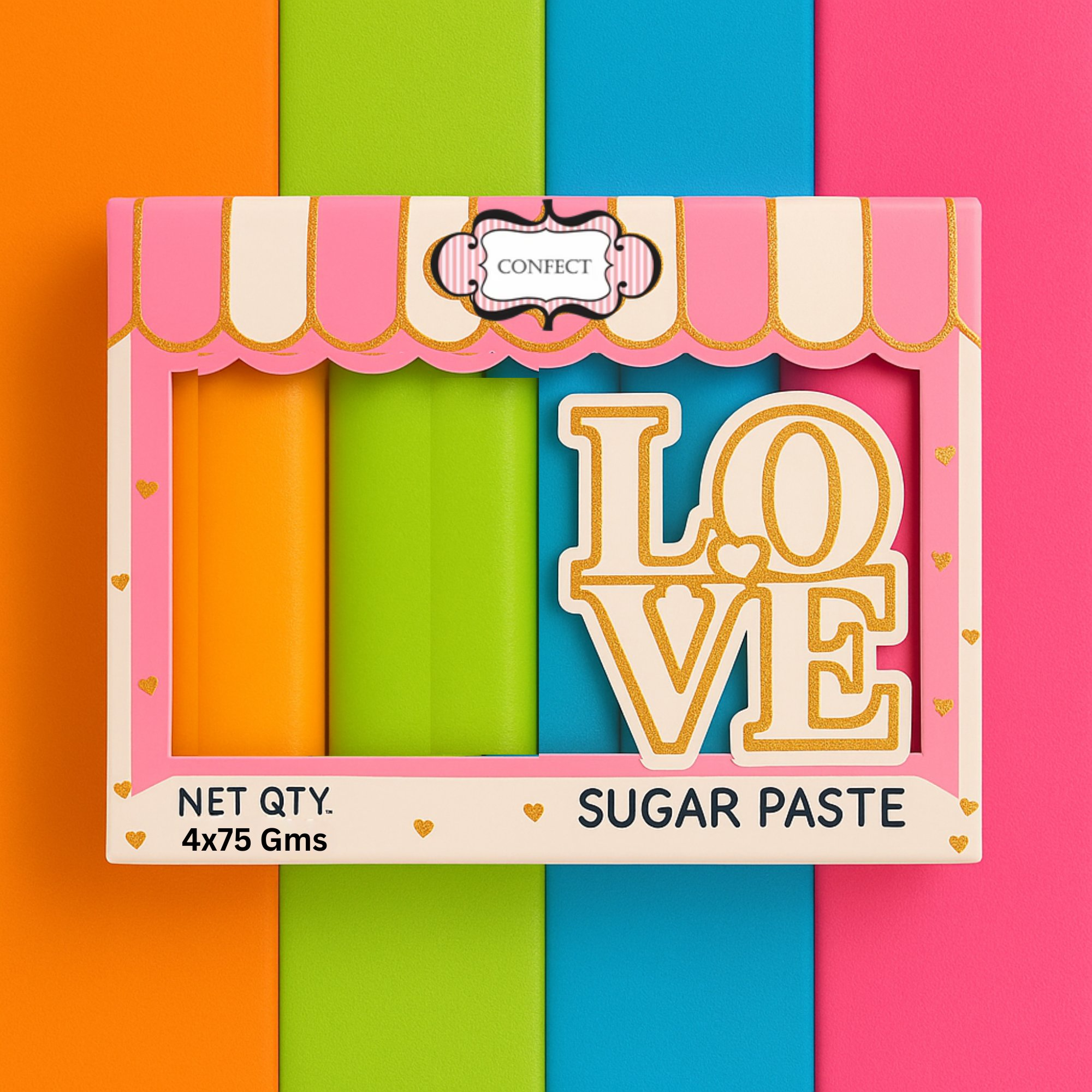 Confect Multipack of Fluorescent Orange, Lime green, electric blue and Neon Pink Sugarpaste 08 | Grocsy