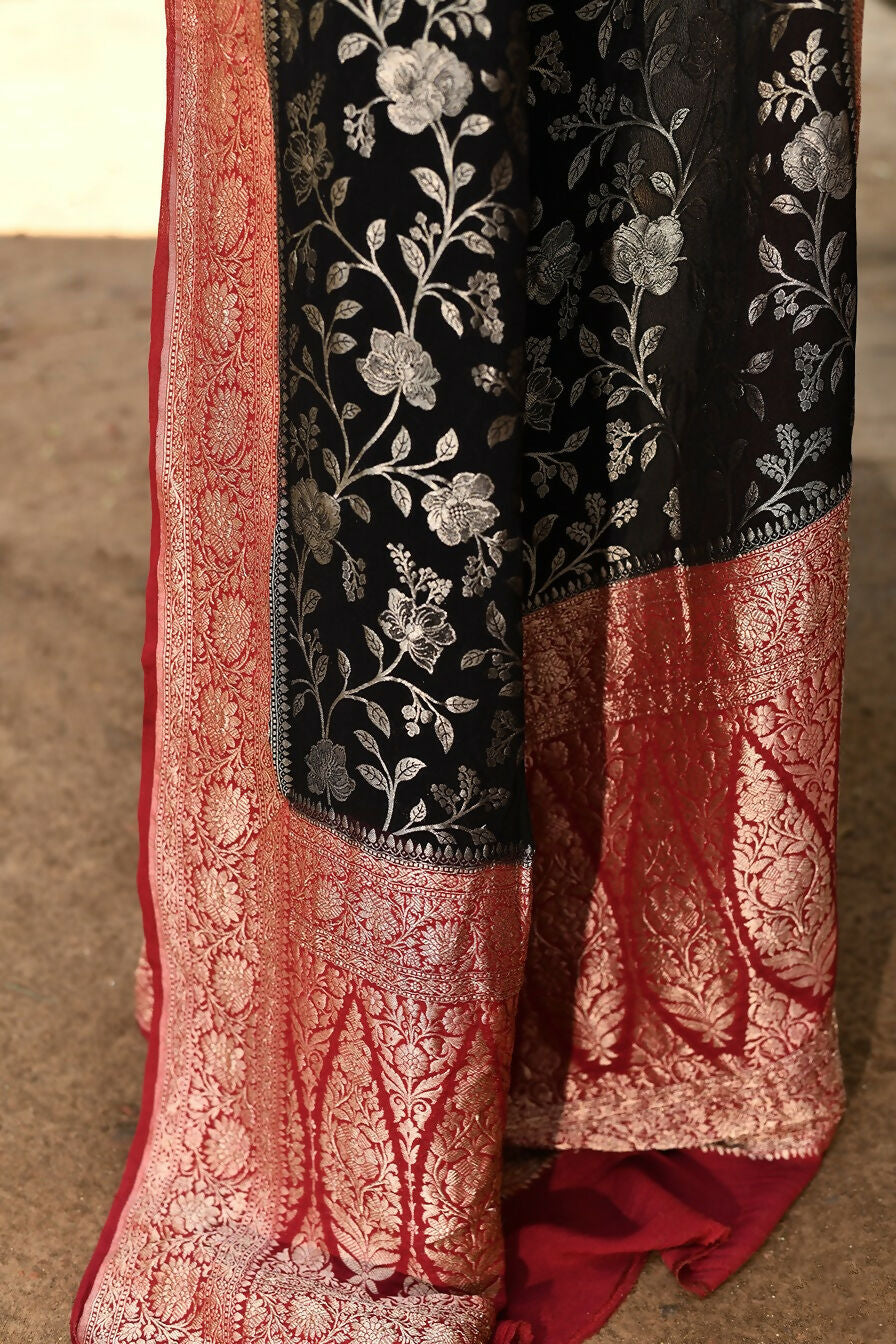 Joban Fashion Black Crepe Chiffon Pure Handloom Banarasi Silk Saree | Grocsy