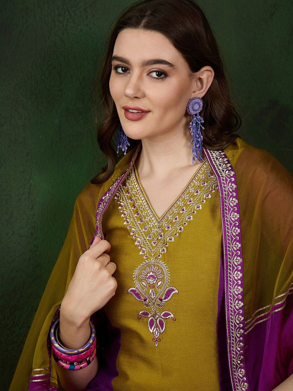 Sangria Embroidered Straight Kurta & Trousers With Dupatta | Grocsy