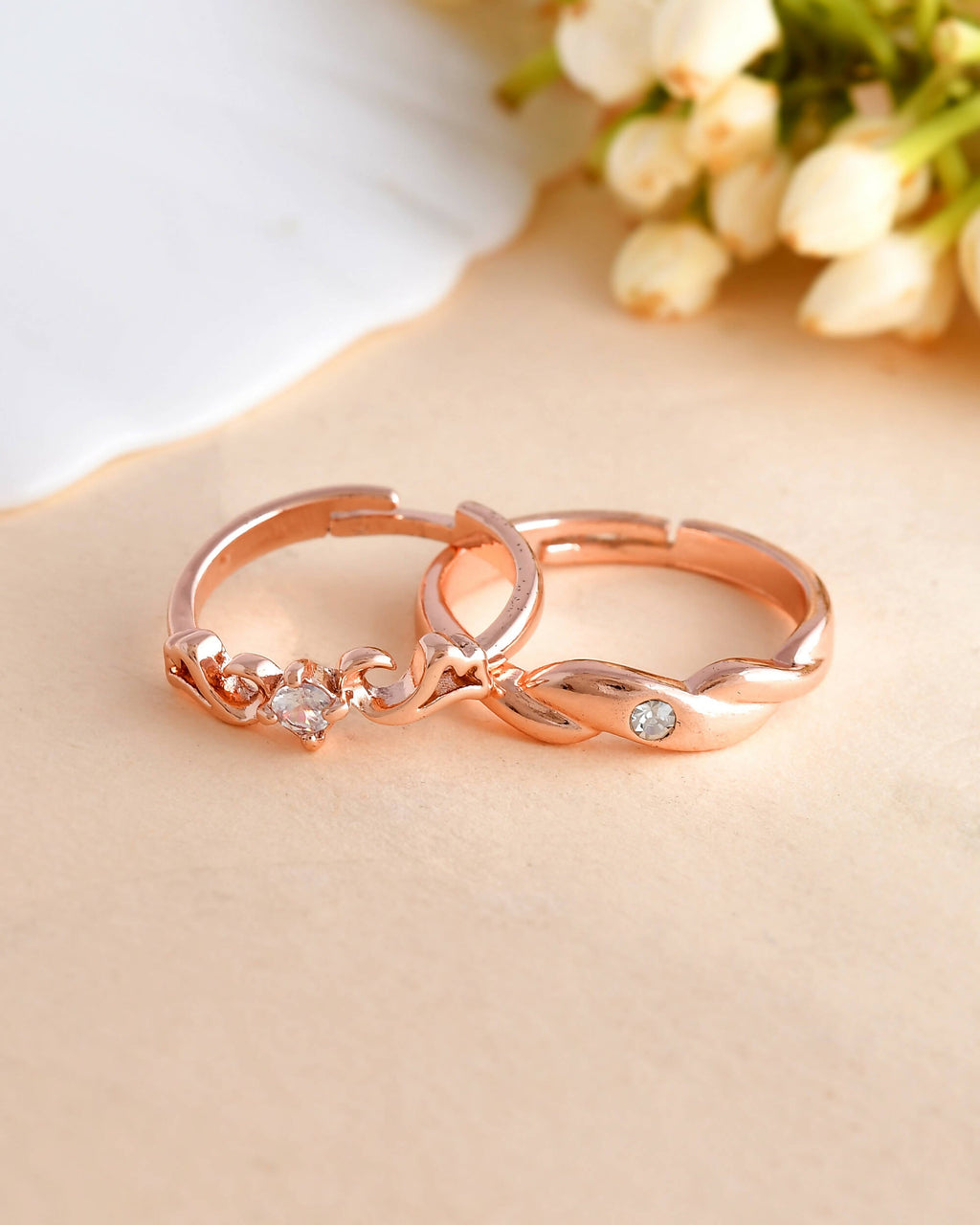 VOJ Stainless Steel Cubic Zirconia Gold-Polished Ring Set | Grocsy