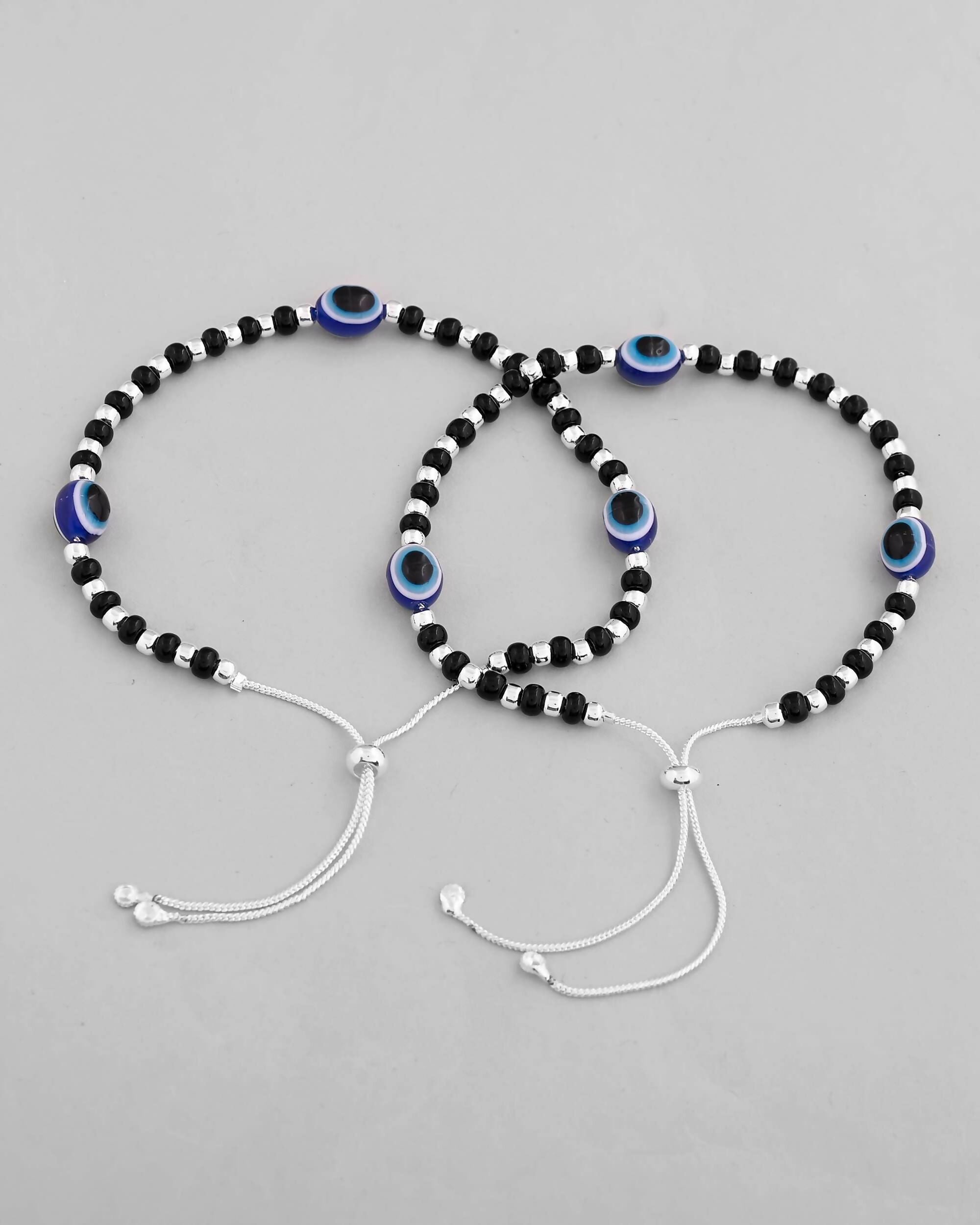 VOJ Set of 2 Silver Plated Evil Eye With Black And Silver Beads Anklet | Grocsy