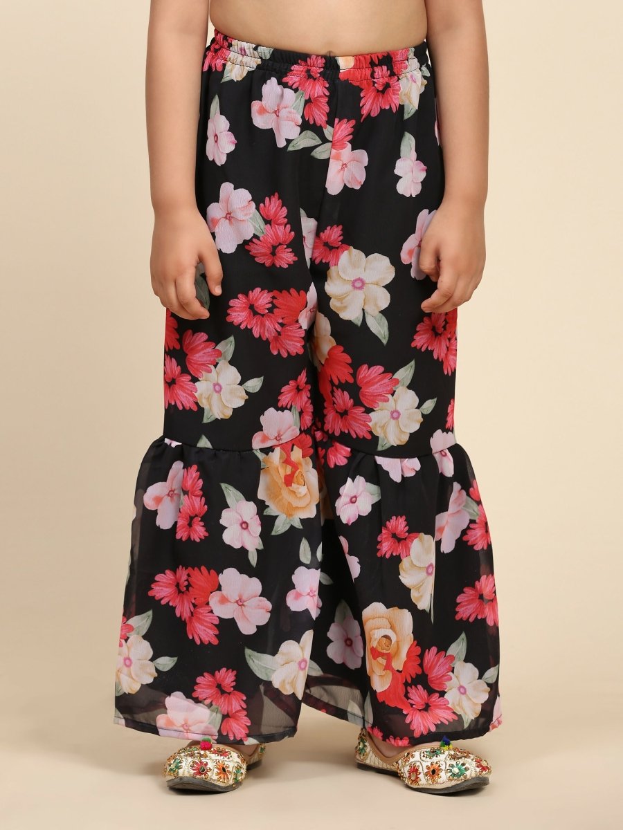 Alakhi Studio Girls Floral Georgette Printed V-Neck Kurta With Sharara - Black | Grocsy