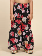 Alakhi Studio Girls Floral Georgette Printed V-Neck Kurta With Sharara - Black | Grocsy