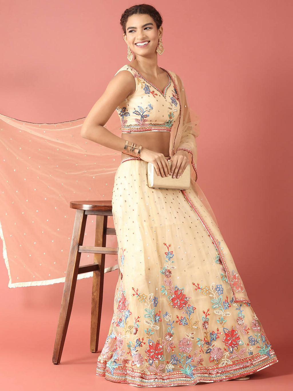 House of Panchhi Cream Net Multi colour Thread & Sequinse Work Lehenga & Blouse, Dupatta | Grocsy