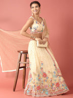 House of Panchhi Cream Net Multi colour Thread & Sequinse Work Lehenga & Blouse, Dupatta | Grocsy