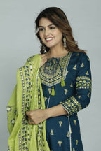 Alvano Women's Stylish Anarkali Kurti with Pant and Dupatta for Women and Girls (Teal) | Grocsy