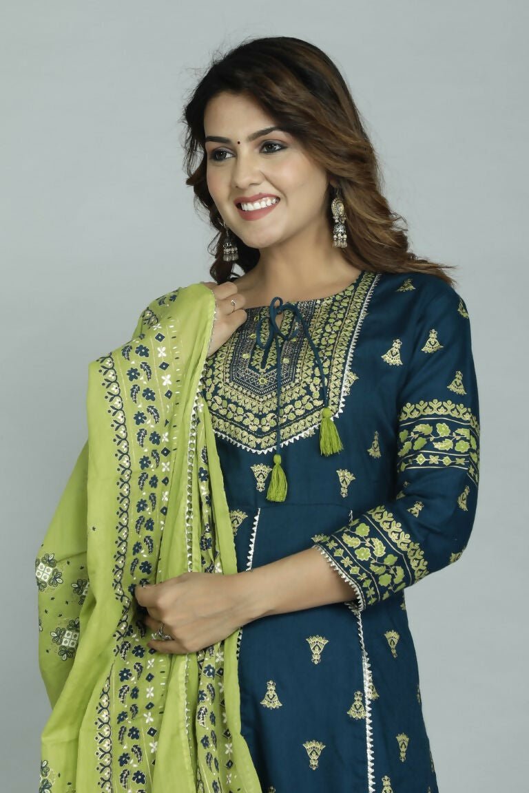 Alvano Women's Stylish Anarkali Kurti with Pant and Dupatta for Women and Girls (Teal) | Grocsy