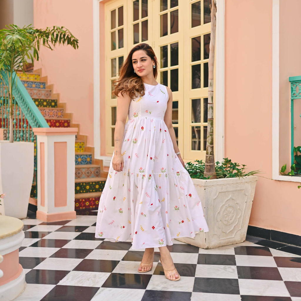 The52 Women's Gorgeous Thread work Cotton Rayon Fabric Flared Dress | Grocsy