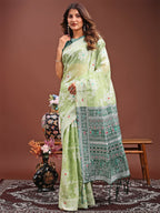 Shree Shyam Fashion Anaya Light Green Linen Cotton Saree | Grocsy