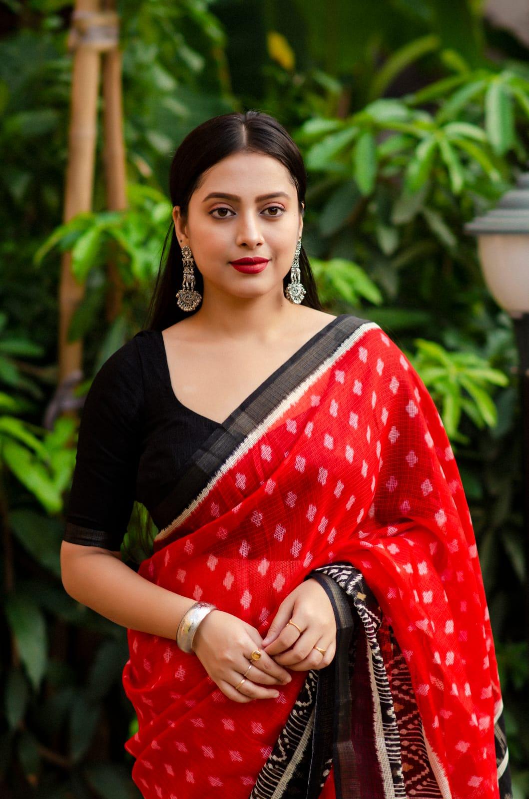 Red Polycotton Ethnic Motifs Saree with Unstitched Blouse - A2M | Grocsy
