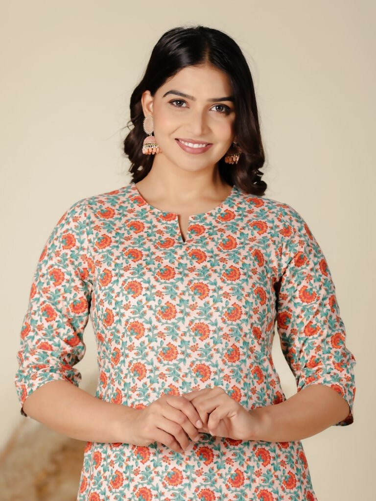 Aramya Orange Soft Cotton Floral Straight Kurta for Women | Grocsy