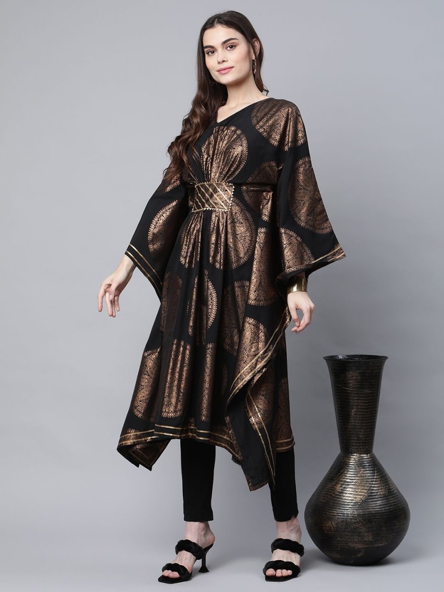 Ahalyaa Women Black Crepe Copper Foil Printed Flared Sleeve Kaftan Kurta | Grocsy
