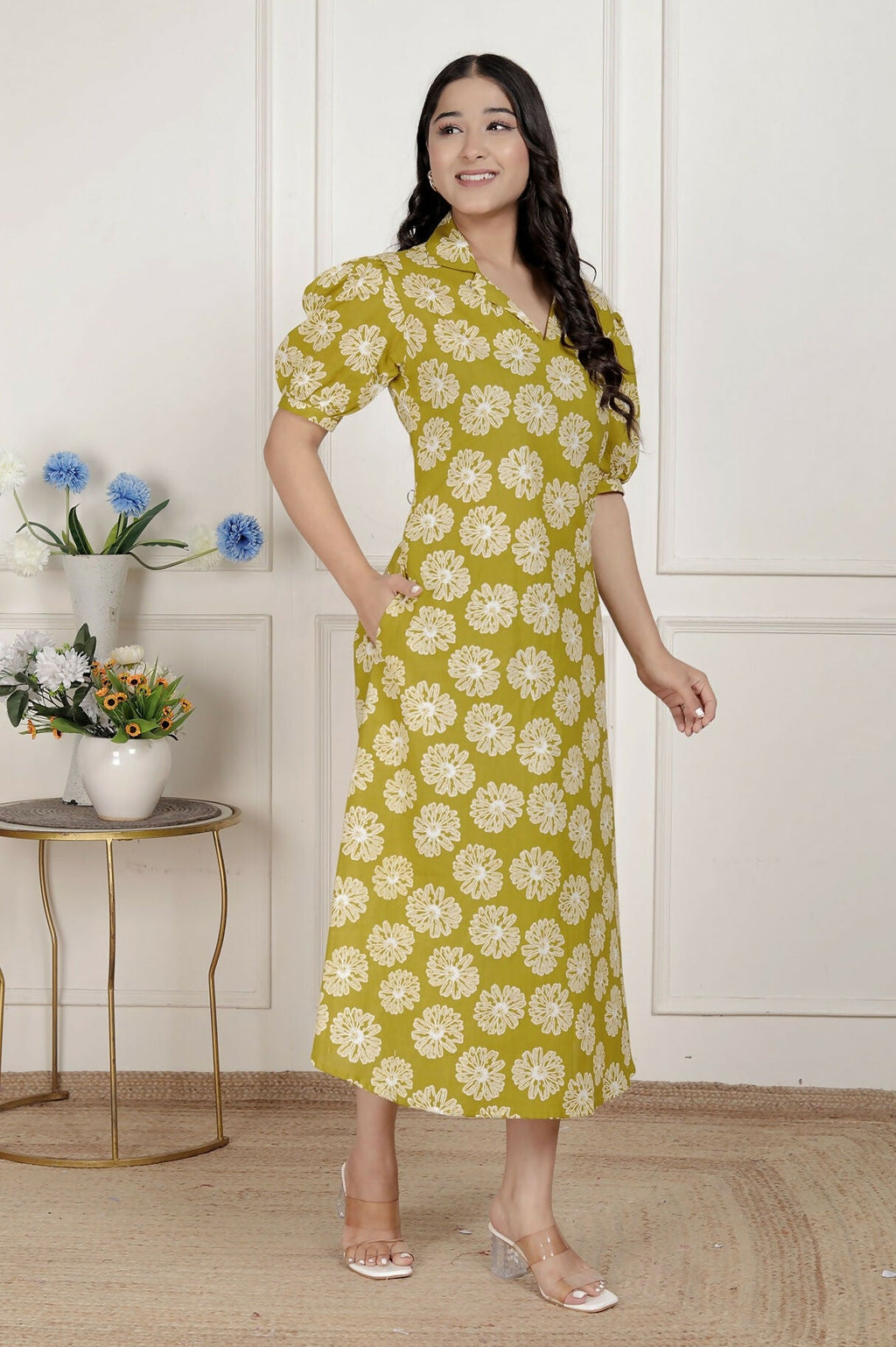 Miravan Women'S Yellow Printed Puff Sleeve Floral Maxi Party Dress | Grocsy