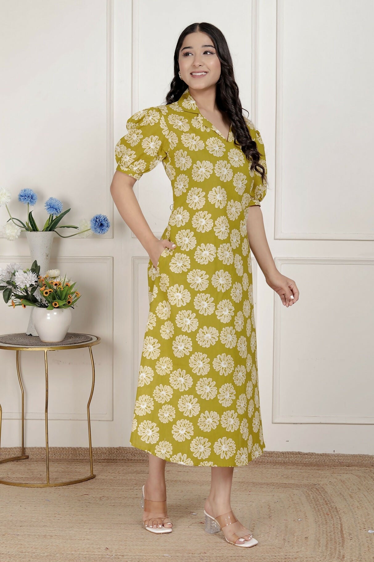 Miravan Women'S Yellow Printed Puff Sleeve Floral Maxi Party Dress | Grocsy