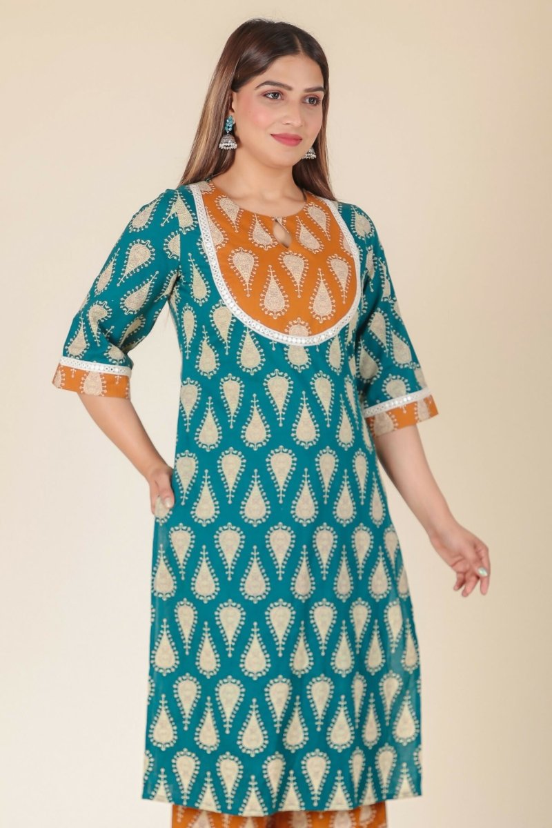 Aramya Turquoise Soft Cotton Floral Straight Kurta for Women | Grocsy