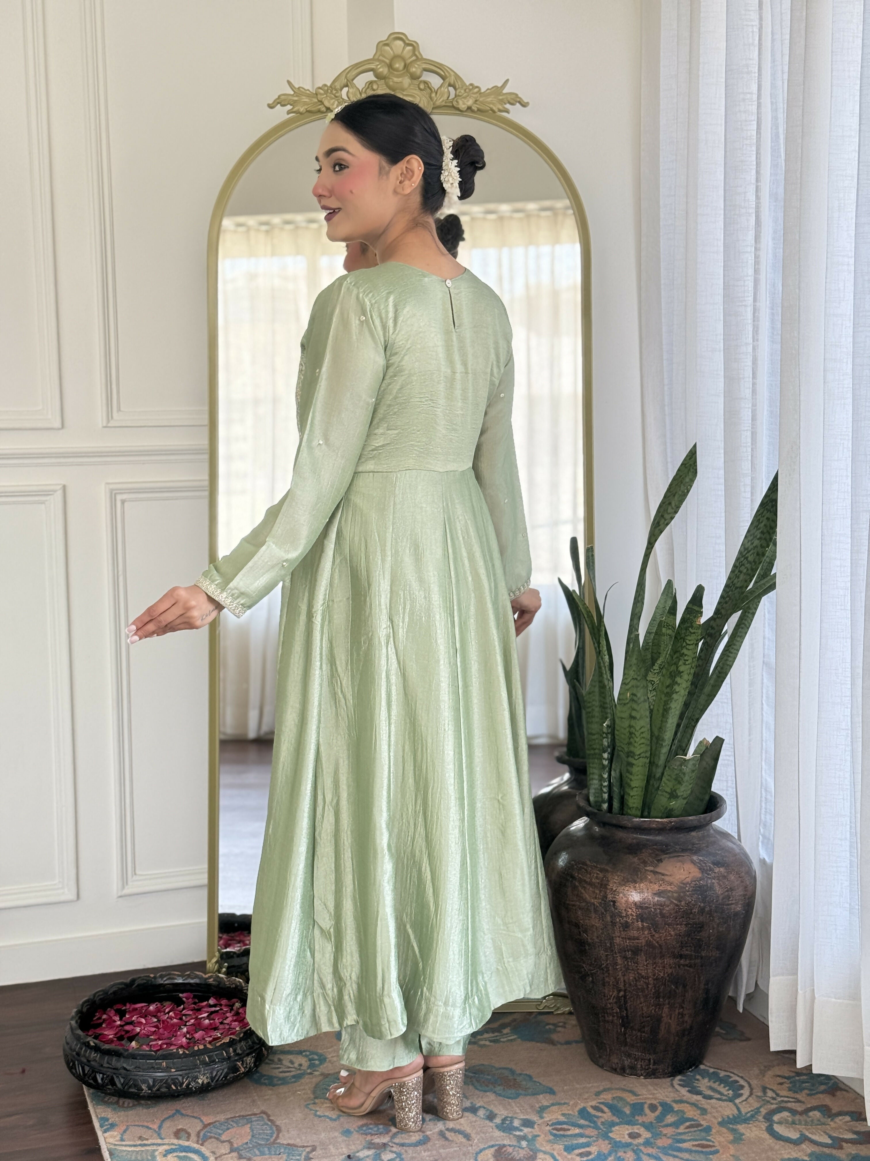 The52 Women's Beautiful Vichitra Silk Fabric Embroidery Work Flared Anarkali Pant and Dupatta Set | Grocsy