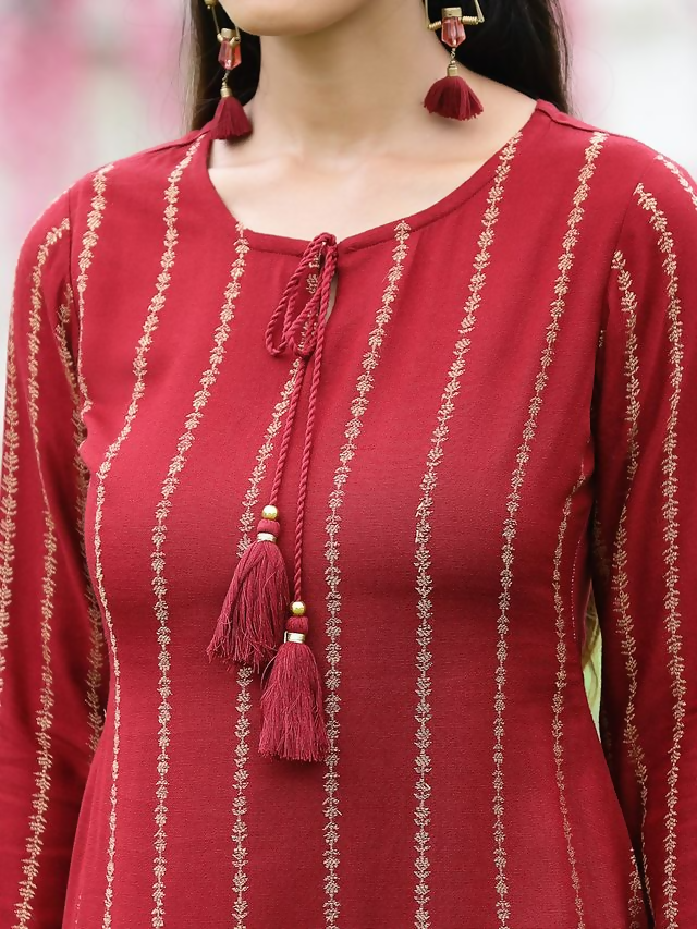 Juniper Maroon Ethnic Motif Printed Acrylic Straight Kurta. | Grocsy