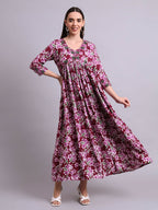 Joban Fashion Purple Cotton Floral Printed & Embroidery Work Anarkali Dress With Dupatta Set | Grocsy