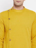 Even Apparels Yellow Pure Cotton Men's Sherwani Kurta With Asymetrical Cut | Grocsy
