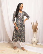 FIORRA Women's Floral Printed Blue Cotton Straight Kurta | Grocsy