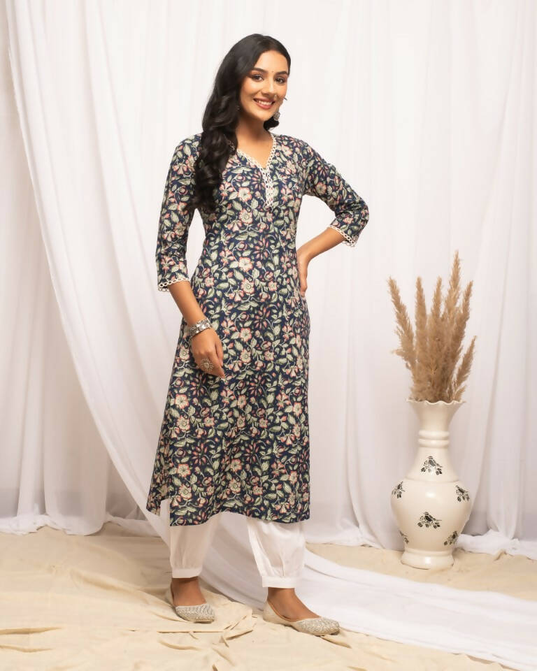 FIORRA Women's Floral Printed Blue Cotton Straight Kurta | Grocsy