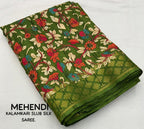 Mehndi Slub Silk Printed Saree with Unstitched Blouse - Hiral Fashion | Grocsy