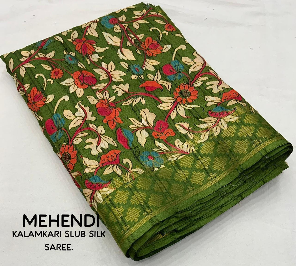 Mehndi Slub Silk Printed Saree with Unstitched Blouse - Hiral Fashion | Grocsy