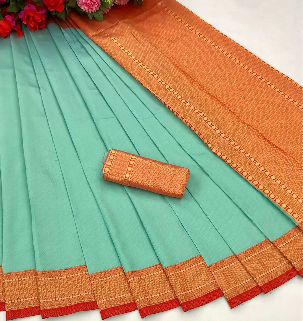DEIANA'S Beautiful Designer Golden zari Soft Lichi Silk Saree - Sky Blue | Grocsy