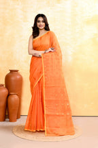 Piyari Fashion Women's Orange Embellished Cotton Blend Jamdani Saree | Grocsy