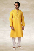 Raivat Ethnic Cotton Printed Work Kurta Pajama In Yellow Colour | Grocsy